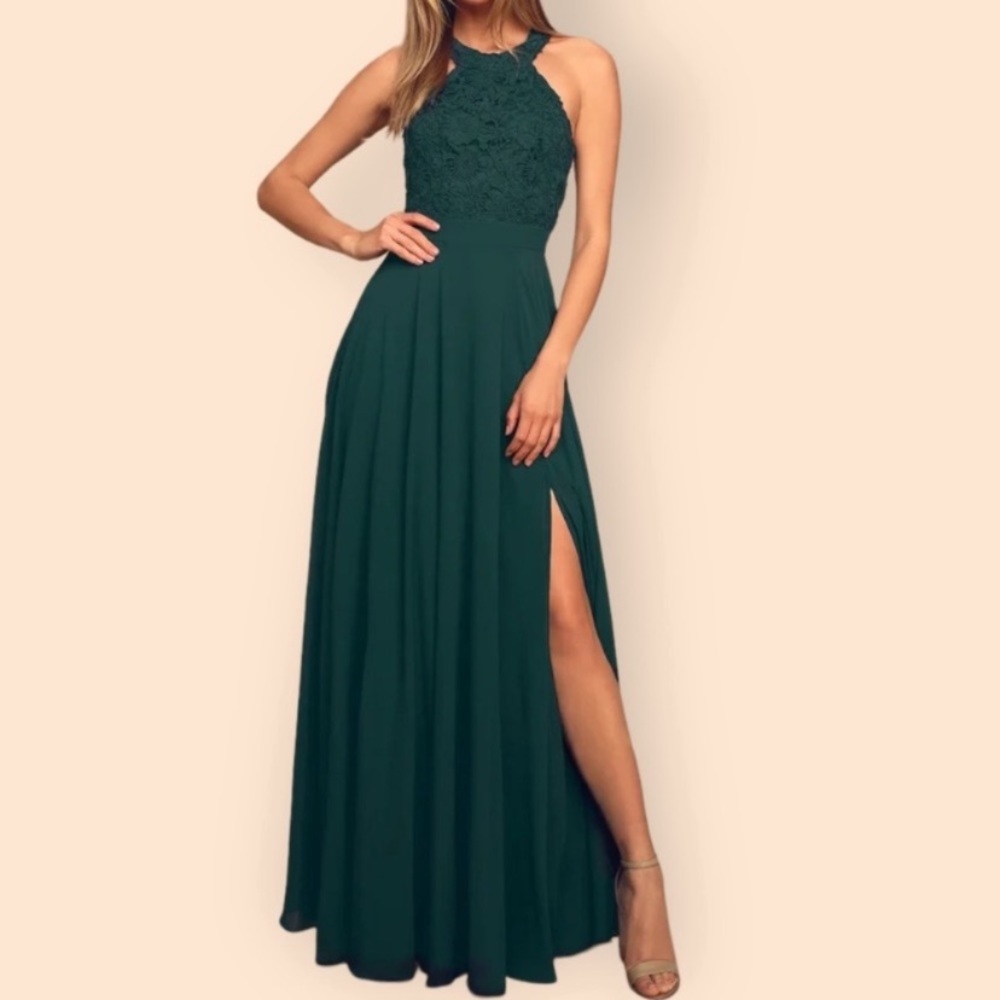 Lulu’s Picture Perfect Bridesmaid Dress Size Small Emerald Green Lace High Neck